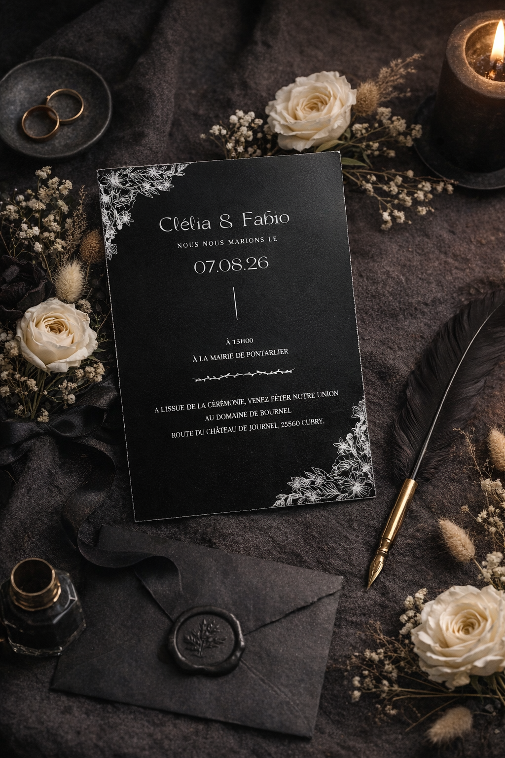 Faire part mariage - acrylique blanc sur noir -