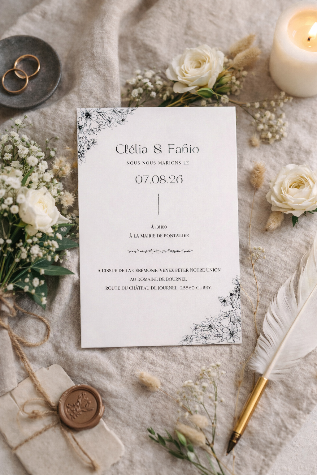 Faire part mariage - acrylique blanche écriture noire -