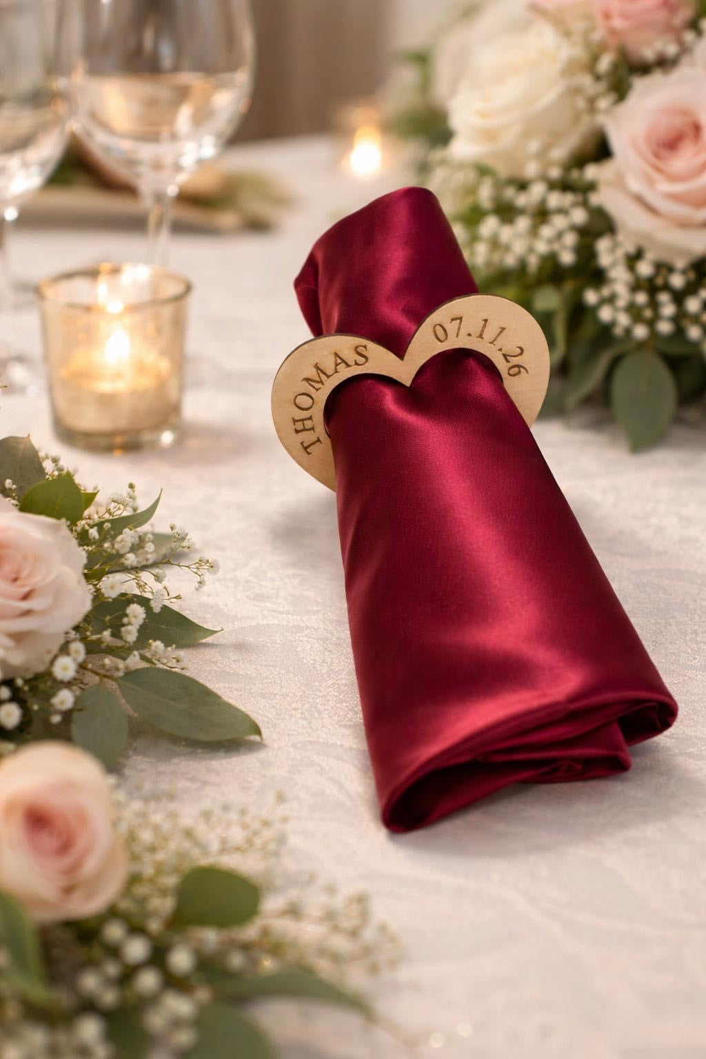 Marque place personnalisé en bois - coeur de serviette -