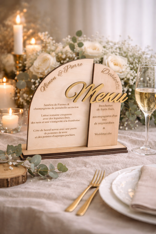 Menu de mariage en bois & acrylique doré