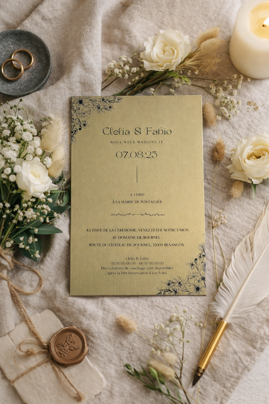 Faire part mariage - acrylique noir sur or brossé -