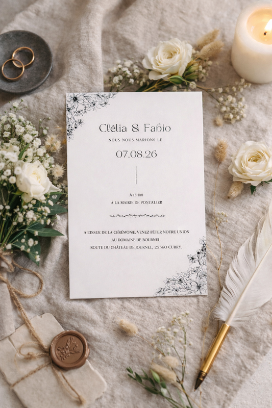 Faire part mariage - acrylique blanche écriture noire -